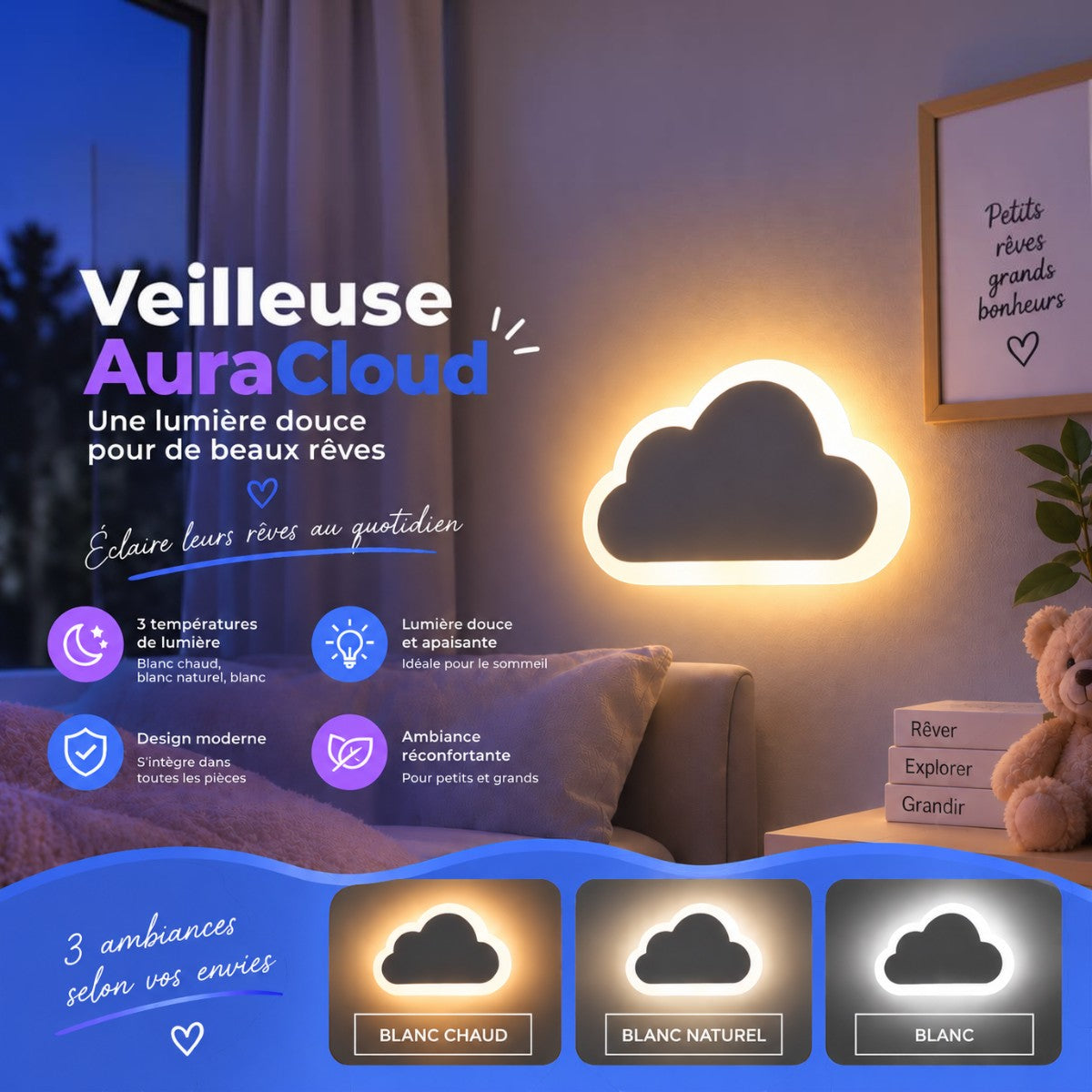 Veilleuse Nuage Murale LED <br> AuraCloud