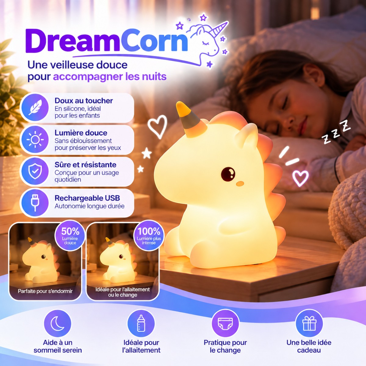 Veilleuse Licorne Lumière Douce LED <br> DreamCorn