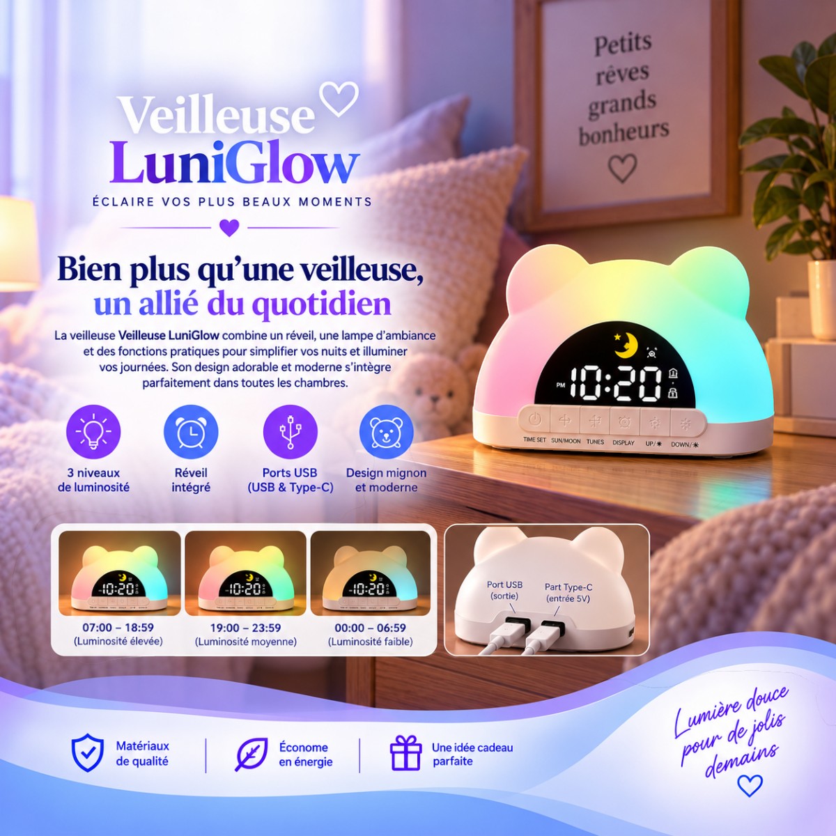 Veilleuse Réveil Bébé LED <br> LuniGlow